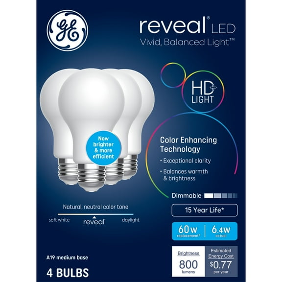 GE Reveal HD+ LED 60 Watt Replacement, Reveal, A19 General Purpose Bulbs (4 pack)