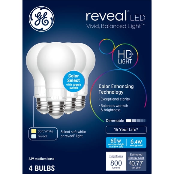 GE Reveal HD+ LED 60 Watt Replacement, Reveal + Soft White, A19 General Purpose Bulbs (4 Pack)