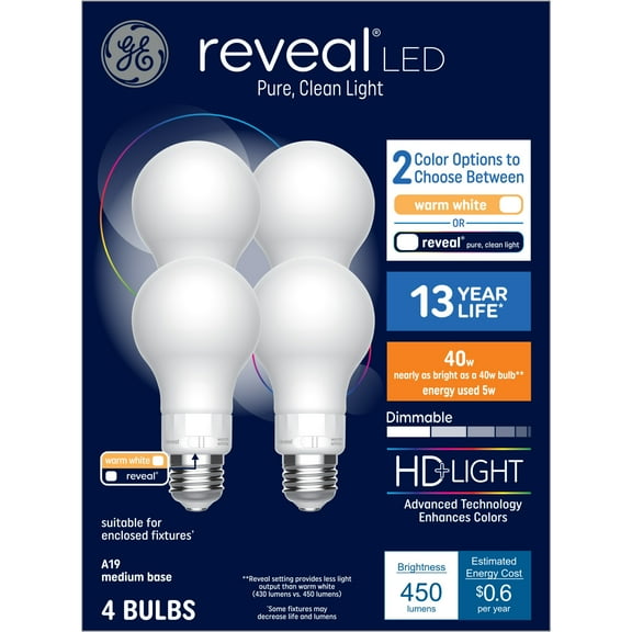 GE Reveal HD+ LED Light Bulbs, 40 Watts, A19 Bulbs, Medium Base, 4pk