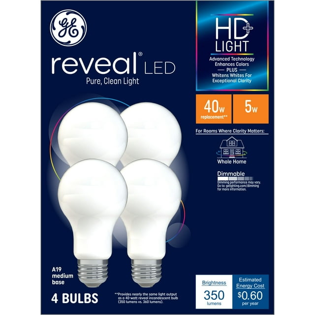 GE Reveal HD+ LED Light Bulbs, 40 Watts, A19 Bulbs, Medium Base