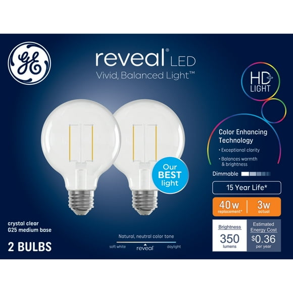 GE Reveal HD+ LED 40 Watt Replacement, Reveal, G25 Vanity - Globe Bulbs (2 Pack)
