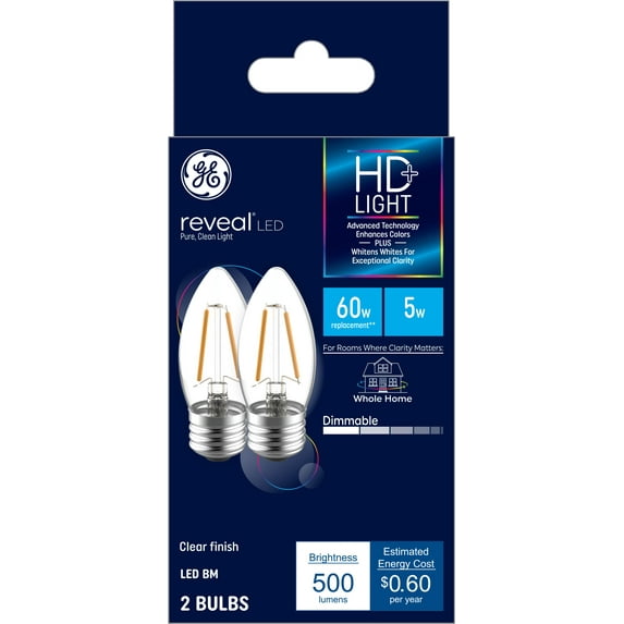 GE Reveal LED Decorative Light Bulbs, 60 Watt Eqv, E26 Medium Base, 2pk