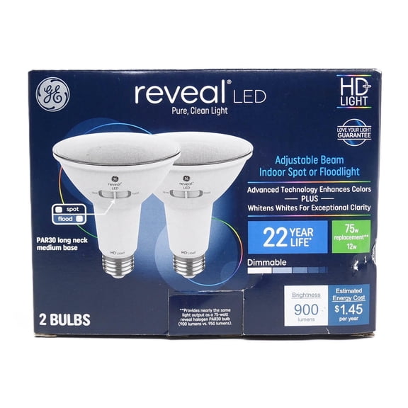 GE Reveal LED HD+ Light Adjustable Beam Indoor Spot or Floodlight PAR30, 2 Bulbs