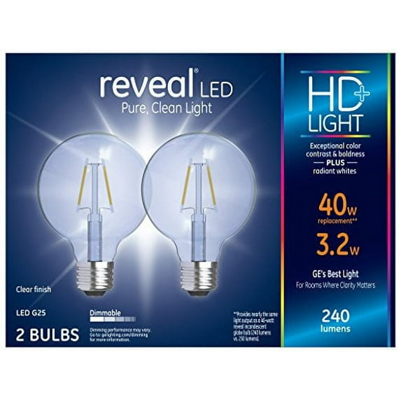 GE Reveal LED HD+ Light Bulb, 3.2 Watt (40 Watt Equivalent) Globe Light Bulb, Clear Finish, Medium Base, Dimmable (2 Pack)