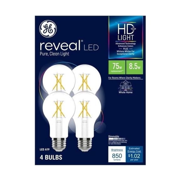 GE Reveal LED Light Bulbs 75W Equivalent A19 Dimmable Edison Base 4 Pack