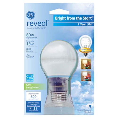 GE Reveal Light Bulb, Bright From The Start CFL 15 Watt A19 1Pack