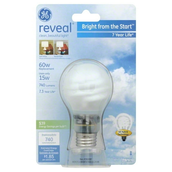 GE Reveal Light Bulb, Bright From The Start CFL 15 Watt A19 1-Pack