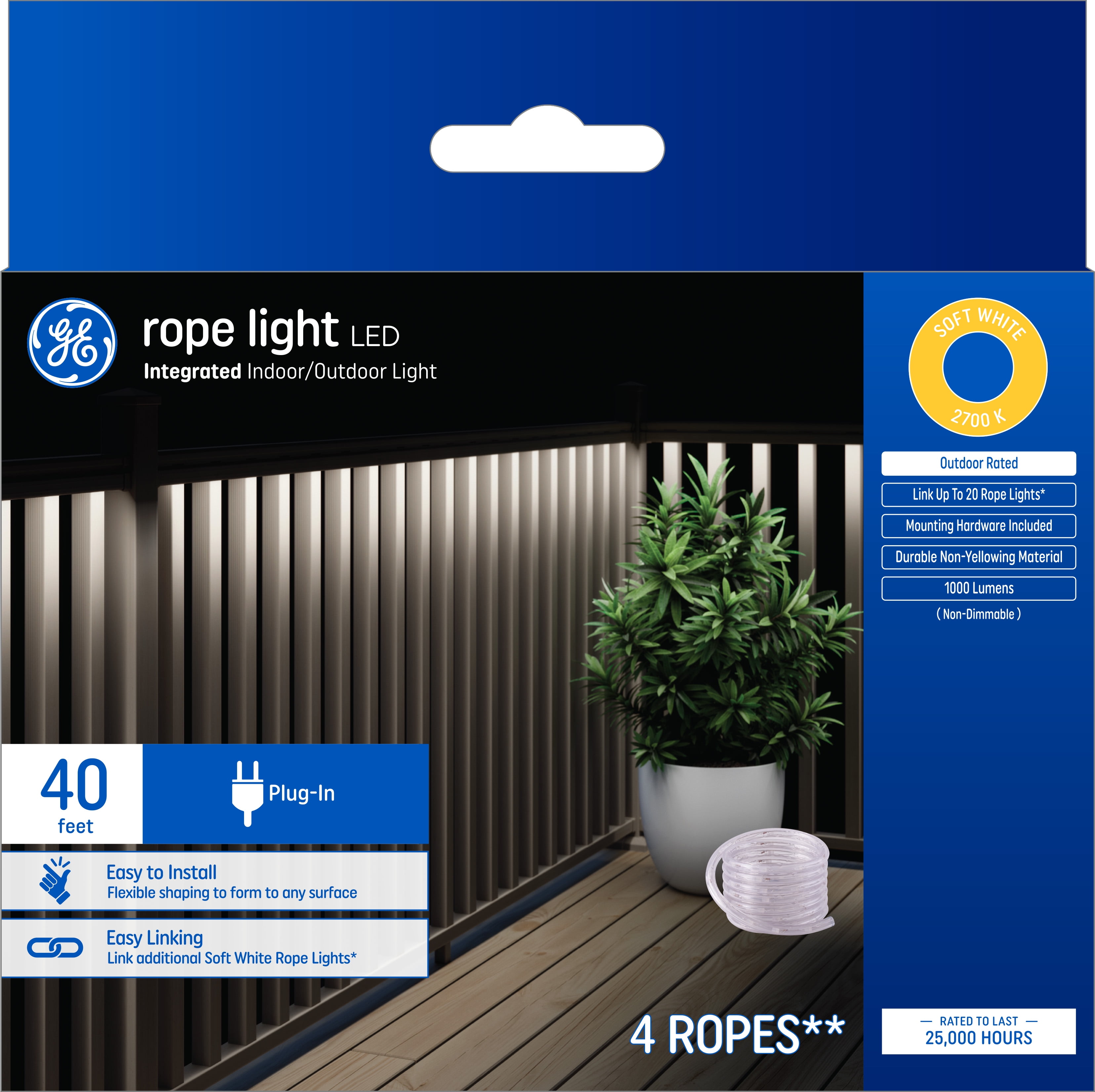 GE Rope Light Soft White 24W LED Outdoor Rated 40 Foot Plug-In Light ...