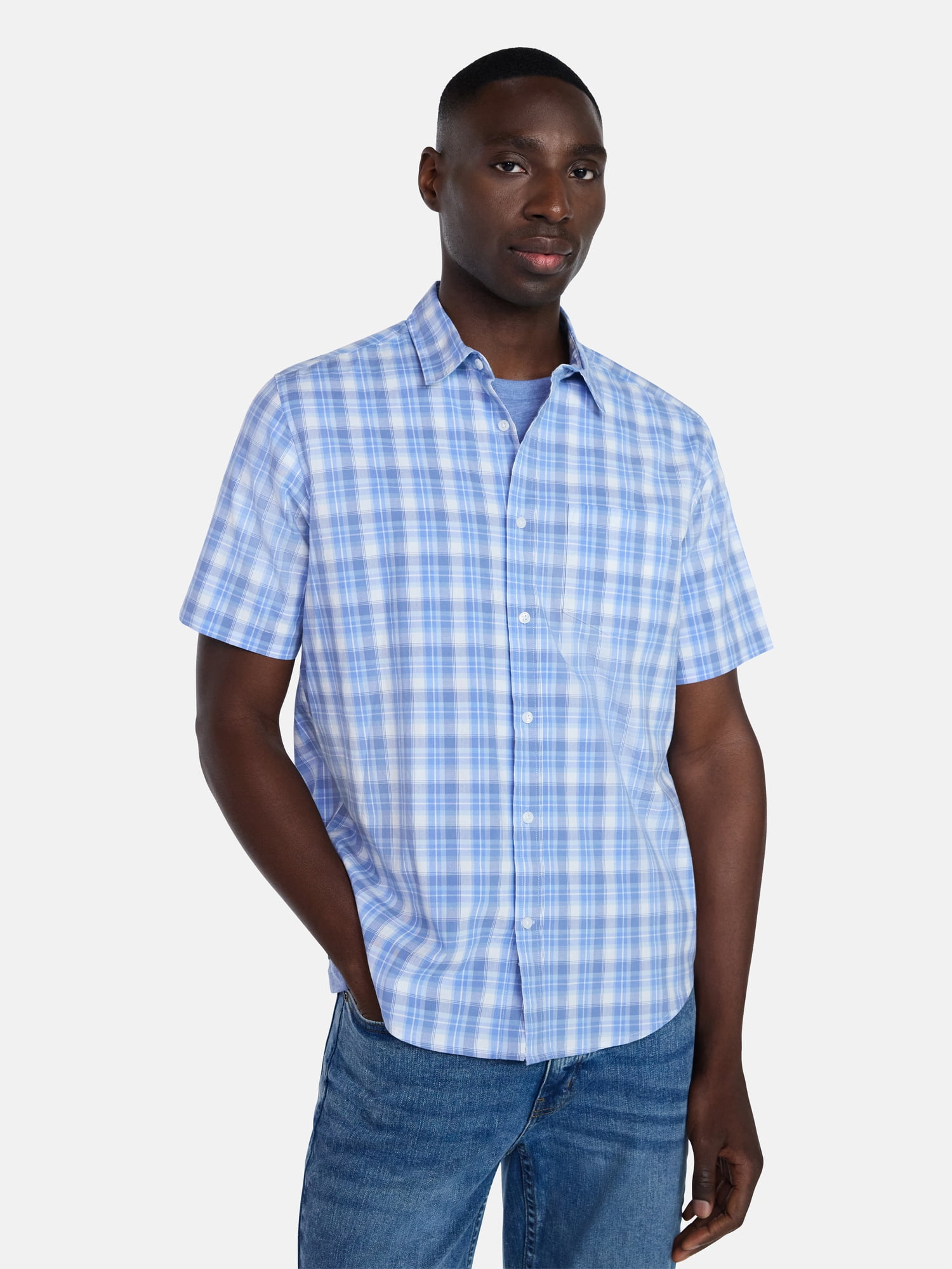 George Men's and Big Men's Modern Fit Poplin Button Up Shirt with Short Sleeves, Sizes XS-3XL