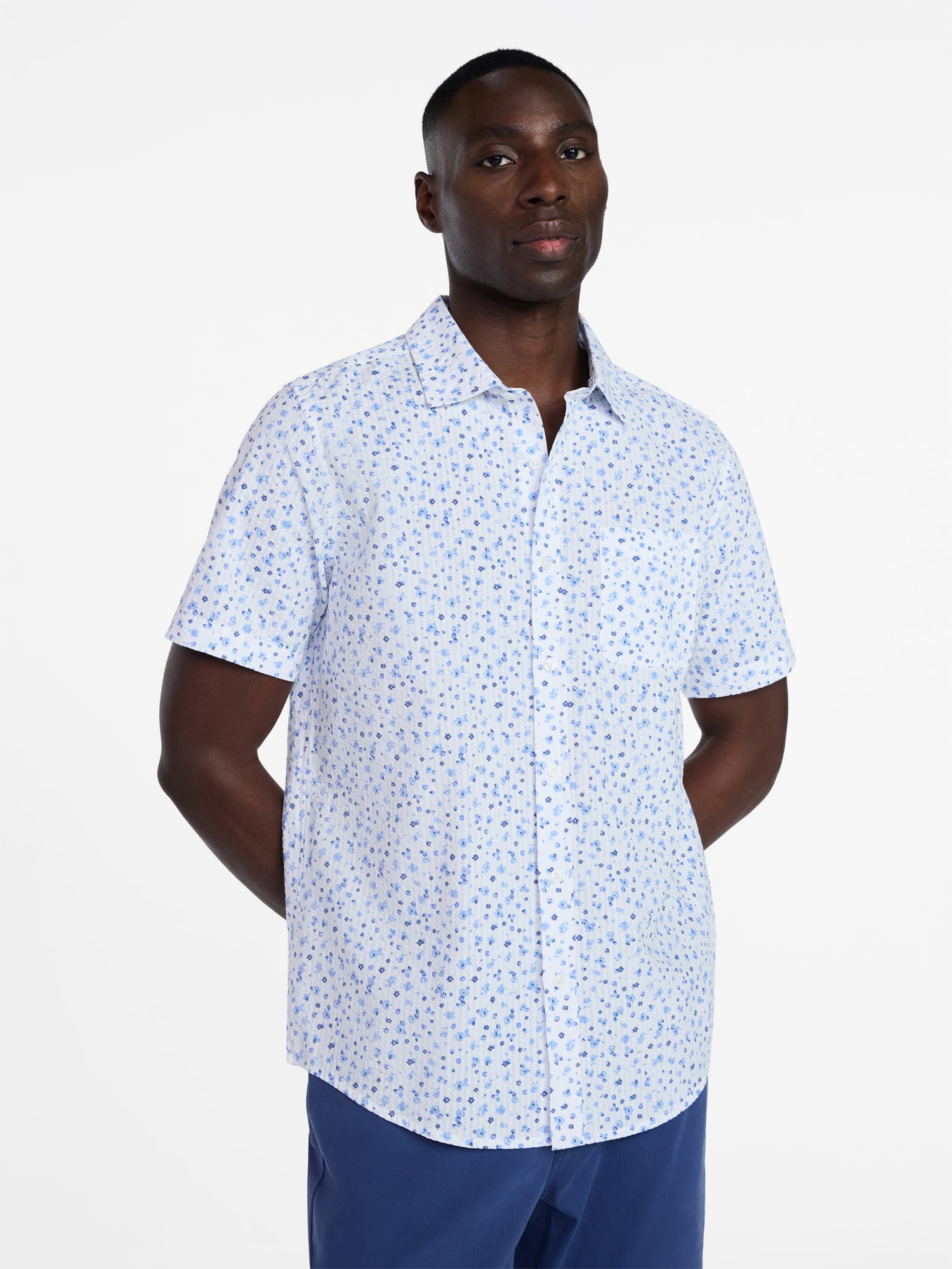 George Men's & Big Men's Modern Fit Seersucker Button Up Shirt with Short Sleeves, Sizes XS-5XL