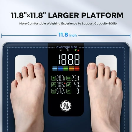 GE Smart Body Scale with Bluetooth - Tracks Body Fat, Muscle Mass, Weight, BMI, 11.8" Large Platform Weighing Machine Syncs to App, 500 lb Capacity
