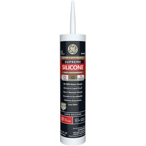 GE Sealants & Adhesives M90007 Supreme Silicone Kitchen & Bath Sealant, 10.1 oz, White, 12 g Liquid