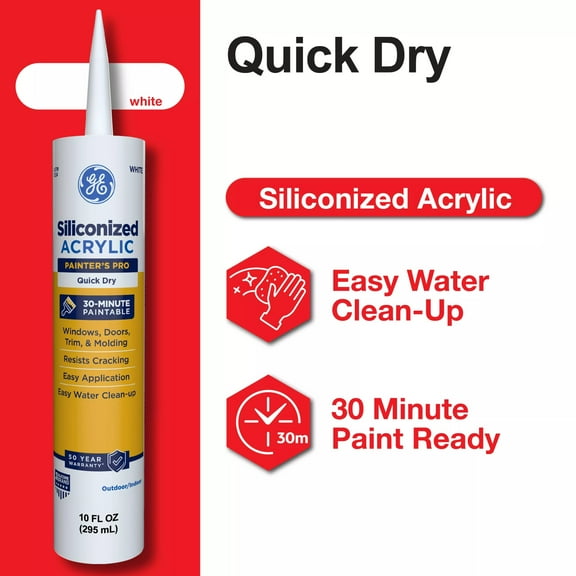 GE Siliconized Acrylic Painters Pro Sealant Quick Dry, Pack of 1, White 10 fl oz Cartridge
