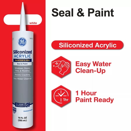 GE Siliconized Acrylic Painters Pro Sealant Seal & Paint, Pack of 1, White 10 fl oz Cartridge