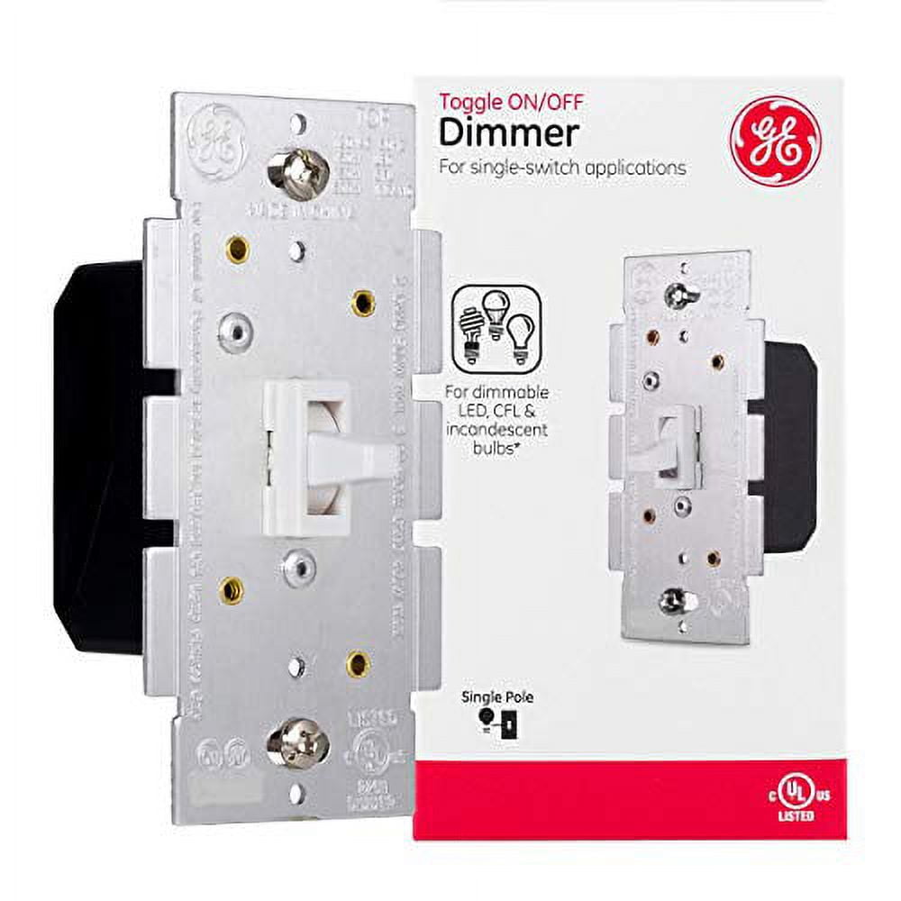 GE Single Pole Dimmer Toggle Switch, On/Off/Dim Settings, for Dimmable LED, CFL and Incandescent Bulbs, DIY Project, UL Listed, White, 18025