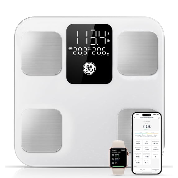 GE Smart Digital Bathroom Scale – 14-in-1 Body Composition Analyzer, Measures Body Weight, Body Fat & BMI, High-Precision Bluetooth Health Monitor with App, 400 lb Capacity, 11 Inch