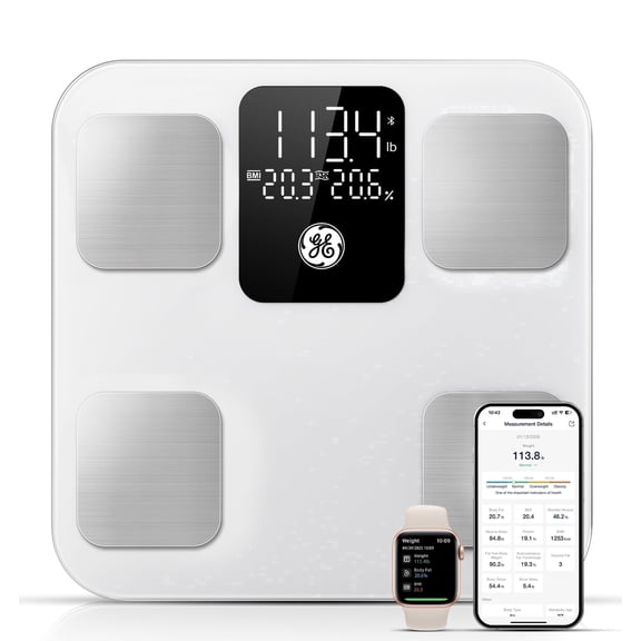 GE Smart Digital Bathroom Scale – 14-in-1 Body Composition Analyzer, Measures Body Weight, Body Fat & BMI, High-Precision Bluetooth Health Monitor with App, 400 lb Capacity, 11 Inch