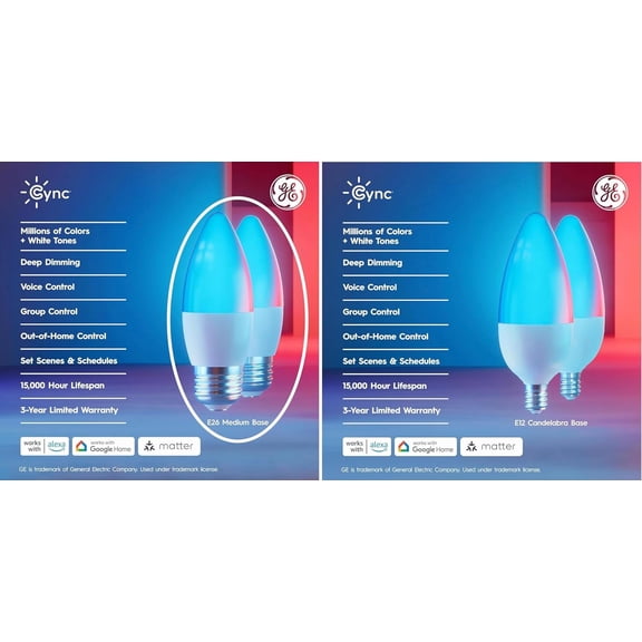 GE Smart LED Light Bulbs, Color Changing Decorative Light Bulbs, Indoor WiFi Lights, Matter Compatible, Compatible with Alexa and Google Home, Medium Base (3 Pack)