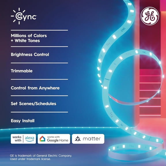 GE Smart LED Strip Light, Color Changing Room Decor LED Light Strip, Works with Alexa and Google Home, Matter Compatible, LED Lights for Bedroom, Millions of Colors and White Tones, 16 Feet