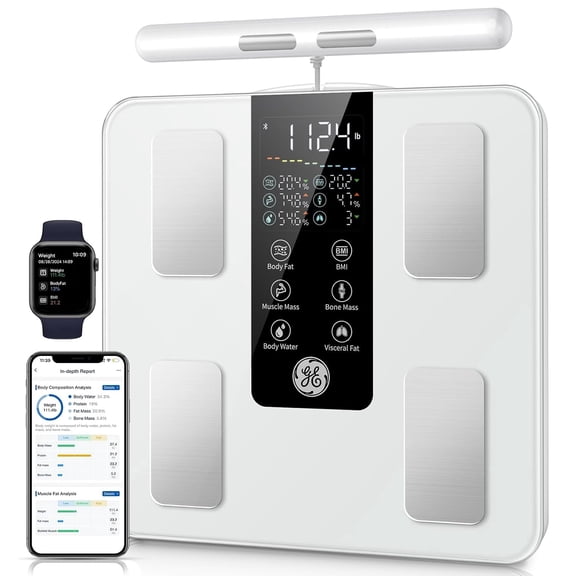 GE Smart Scale for Body Weight: 8-Electrode Digital Bathroom Scale for Weight Fat BMI Muscle Mass Full Body Composition Analyzer 50 Measurements Bluetooth Highly Accurate Weighing Machine 400lb Black
