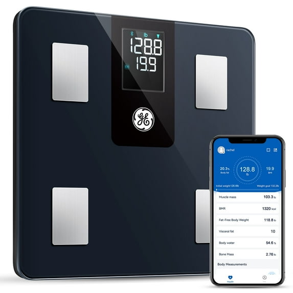 GE Smart Body Fat Scale Bluetooth - LCD, Measures Weight, BMI, 13 Metrics, Rechargeable