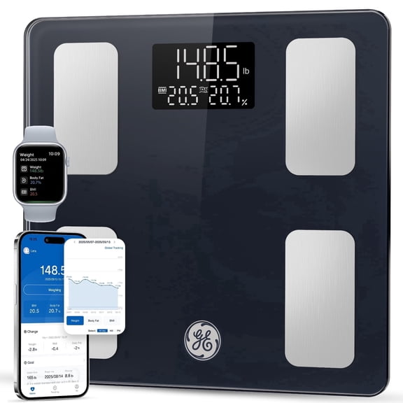 GE Smart Scale for Body Weight & BMI – 13-in-1 Body Fat Monitor with Bluetooth, 400 lb Capacity, Black 11 Inch, for Home Gym