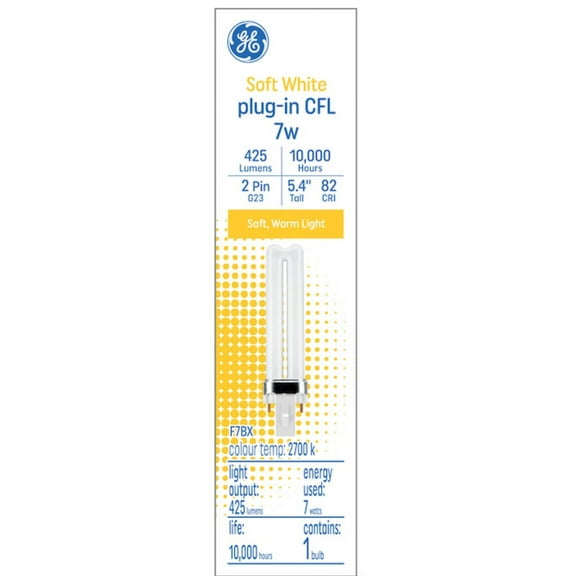 GE Soft White 7 watt Plug-in CFL G23 Base, 5.4-inch F7BX Light Bulb, 2700K Soft warm white, 425 lumen, plug-in biax compact fluorescent