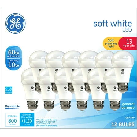 GE Soft White A19 General Purpose 10-Watt LED Light Bulb (60W Equivalent), Dimmable, Medium Base, 12-Pack