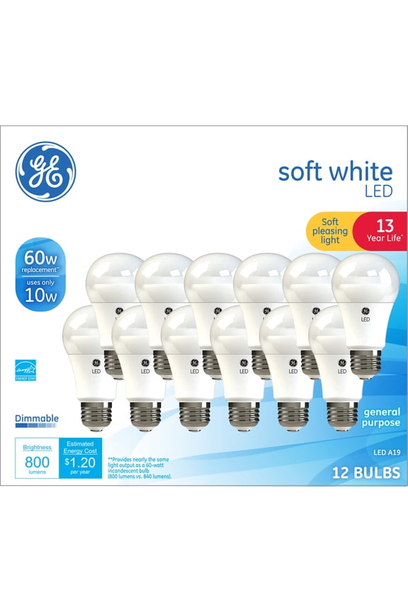 GE Soft White A19 General Purpose 10-Watt LED Light Bulb (60W Equivalent), Dimmable, Medium Base, 12-Pack