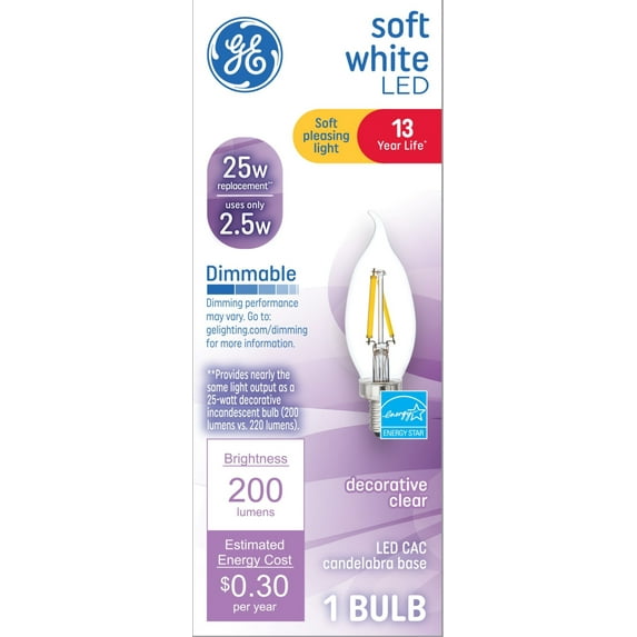 GE Soft White LED Decorative Light Bulbs, 25 Watt Eqv, 13yr, 1pk