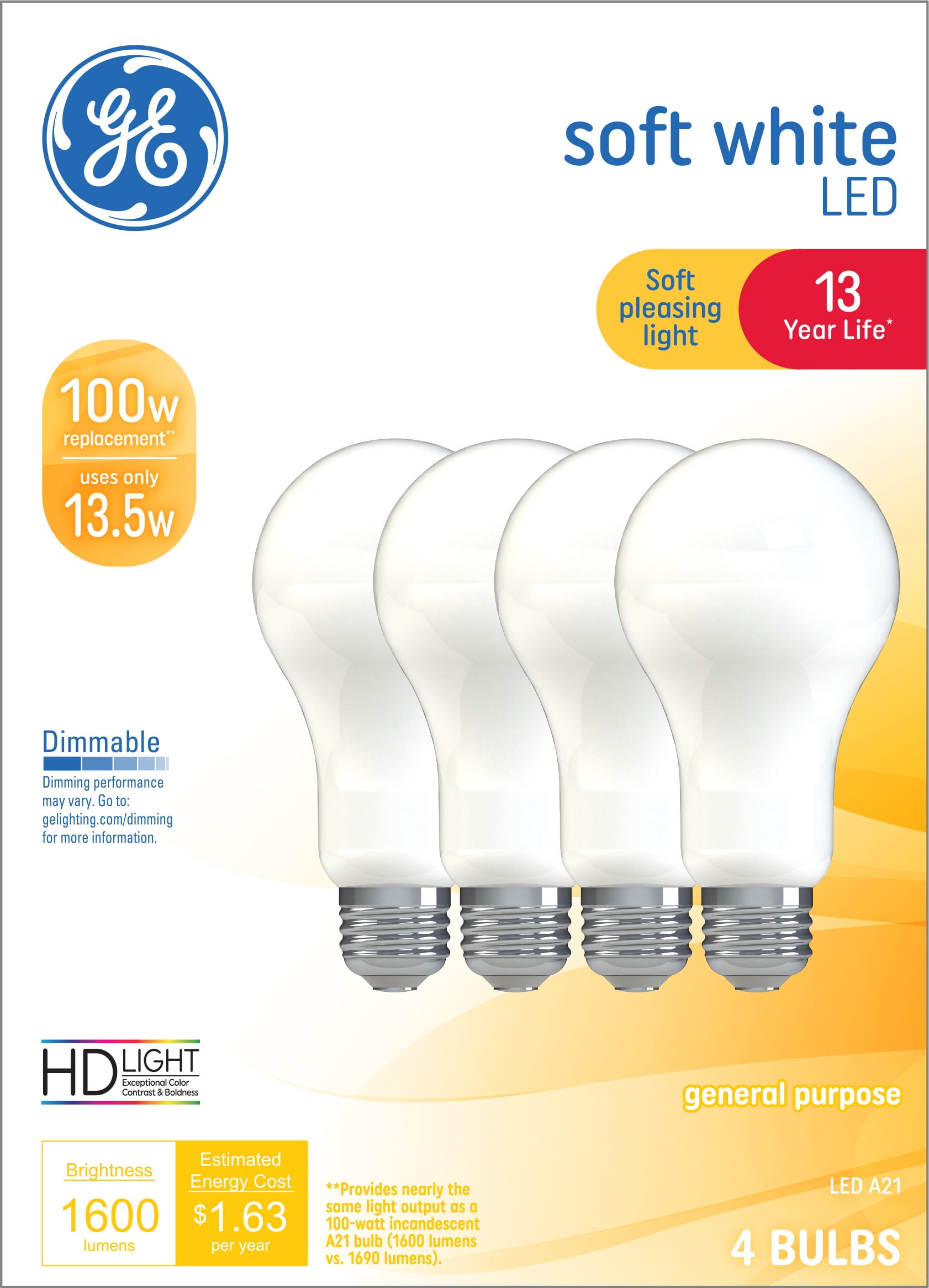 GE Soft White LED Light Bulbs, 100 Watt Eqv, A21 Bulb, 13yr, Medium