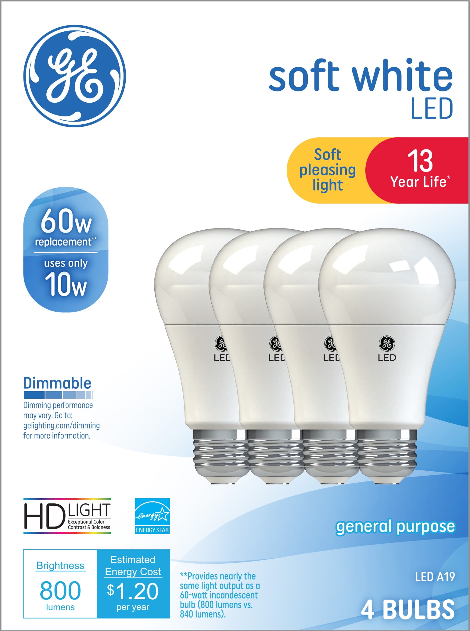 Ødelæggelse type dollar GE Soft White LED Light Bulbs, 60 Watt Eqv, A19 General Purpose, 13yr,  Medium Base, 4pk - Walmart.com
