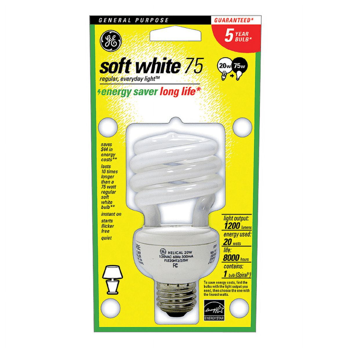 GE Spiral Compact Fluorescent Bulb, 20 Watts