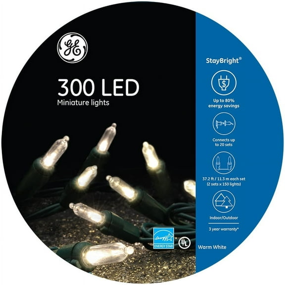 GE StayBright 300-Count 74.5-ft Constant Warm White Mini LED Plug-In Christmas String Lights