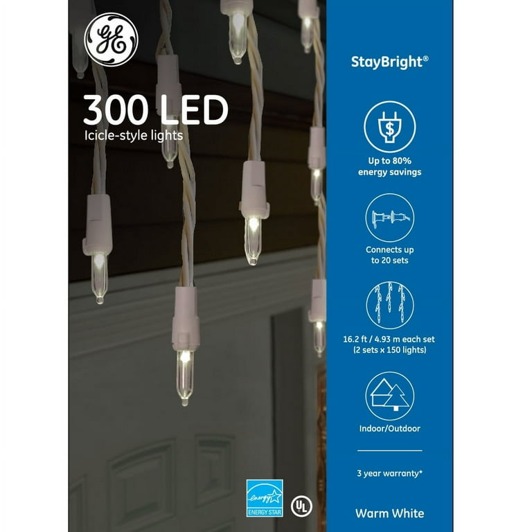 GE StayBright 300-Count Constant White Mini LED Plug-In Christmas Icicle Lights GE StayBright 300-Count Constant White Mini LED Plug-In Christmas Icicle Lights