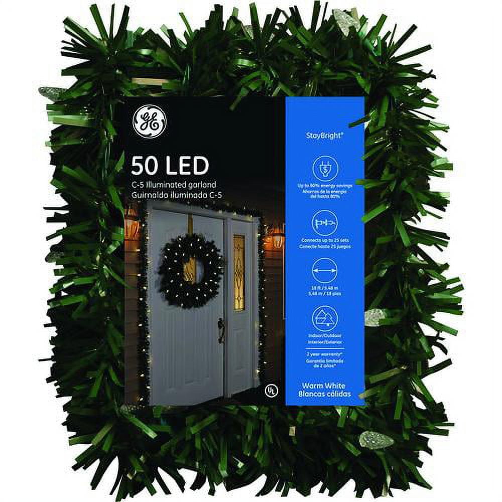 GE StayBright LED Lighted Clear Christmas Garland 18 Feet with 50