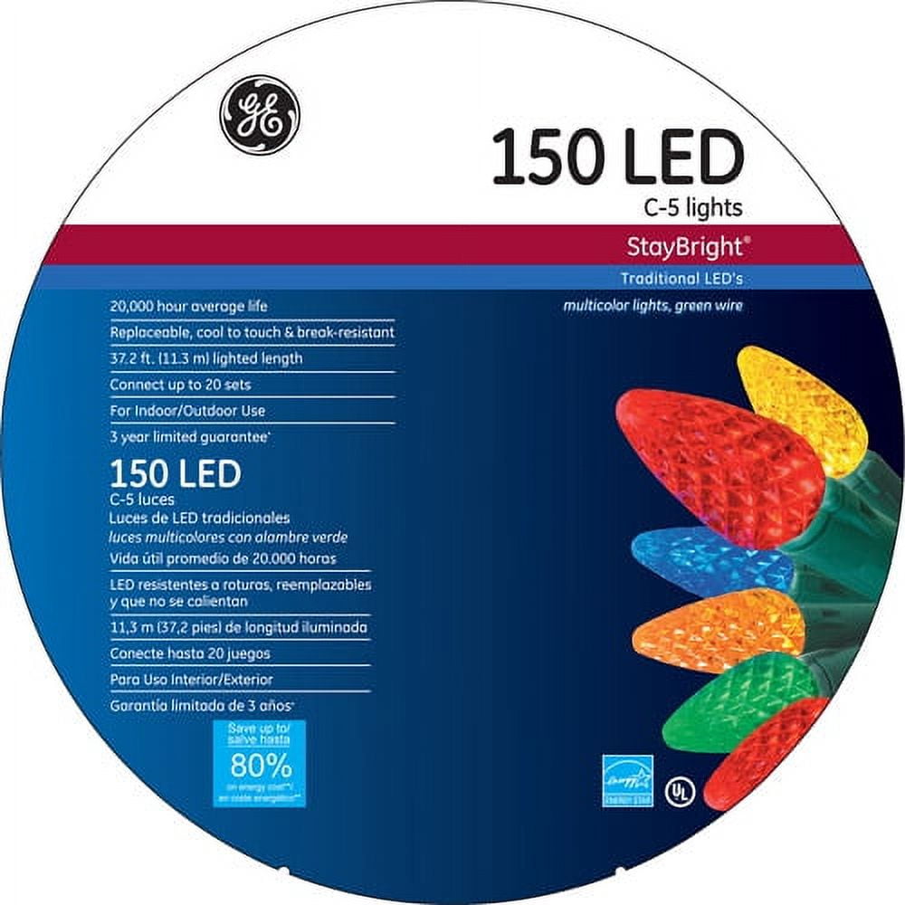 GE Staybright LED C5 MultiColor Christmas Lights, 150 Count