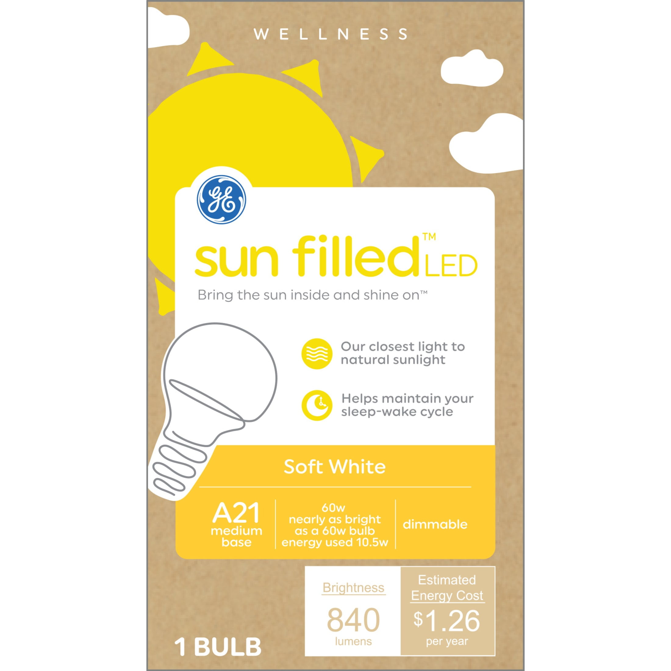 GE Sun Filled LED Light Bulbs, 60 Watt, Soft White, A21