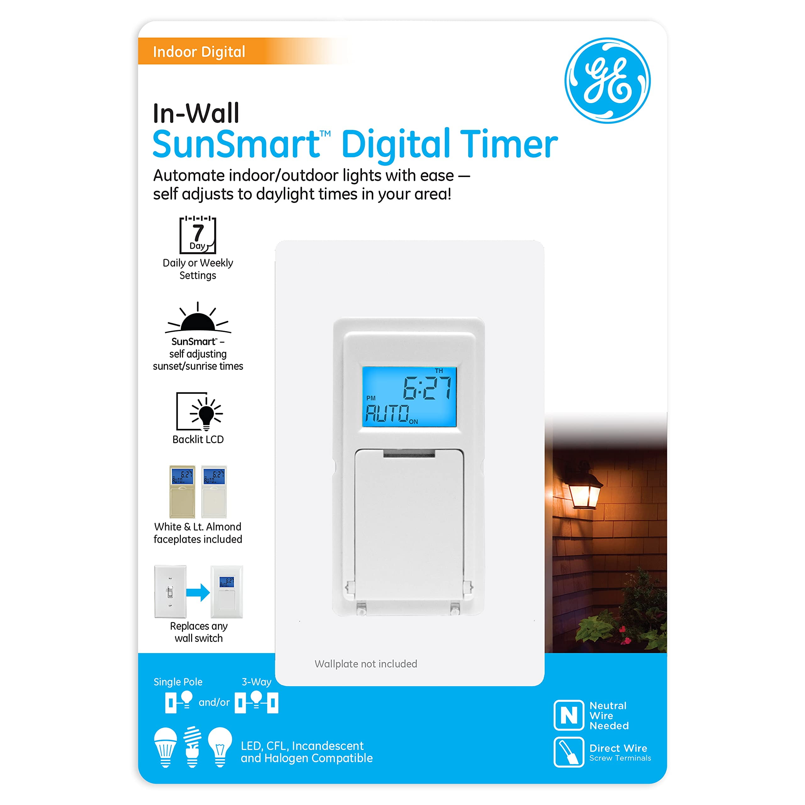 GE SunSmart Digital inWall Timer, Daily ON/Off Times, Programmable