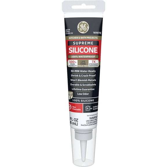 GE Supreme 100% Silicone 30 Min. Water-Ready caulk, 2.8 oz tube, White 3  Residential Use, Standard Application