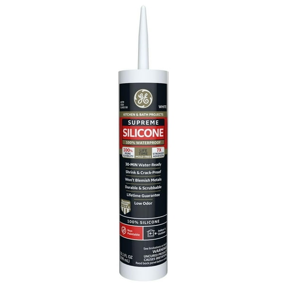 GE Supreme Kitchen & Bath Silicone Caulk - 100% Waterproof, 10 oz Cartridge - Pack of 1, White
