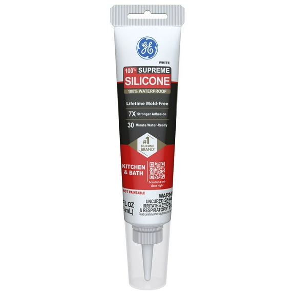GE Supreme Silicone Kitchen & Bath Sealant, Pack of 1, White 2.8 fl oz Tube