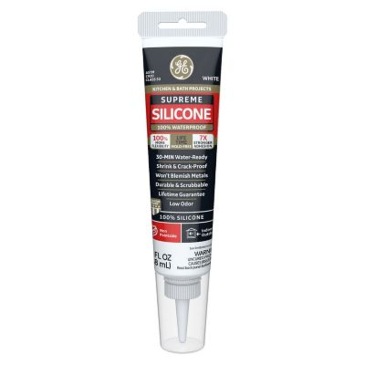 GE Supreme Silicone Kitchen & Bath Sealant, Pack of 1, White 2.8 fl oz