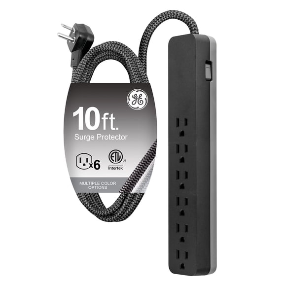 GE 6 Outlet Surge Protector Power Strip, 1500J, Braided Cord, 10ft, Black