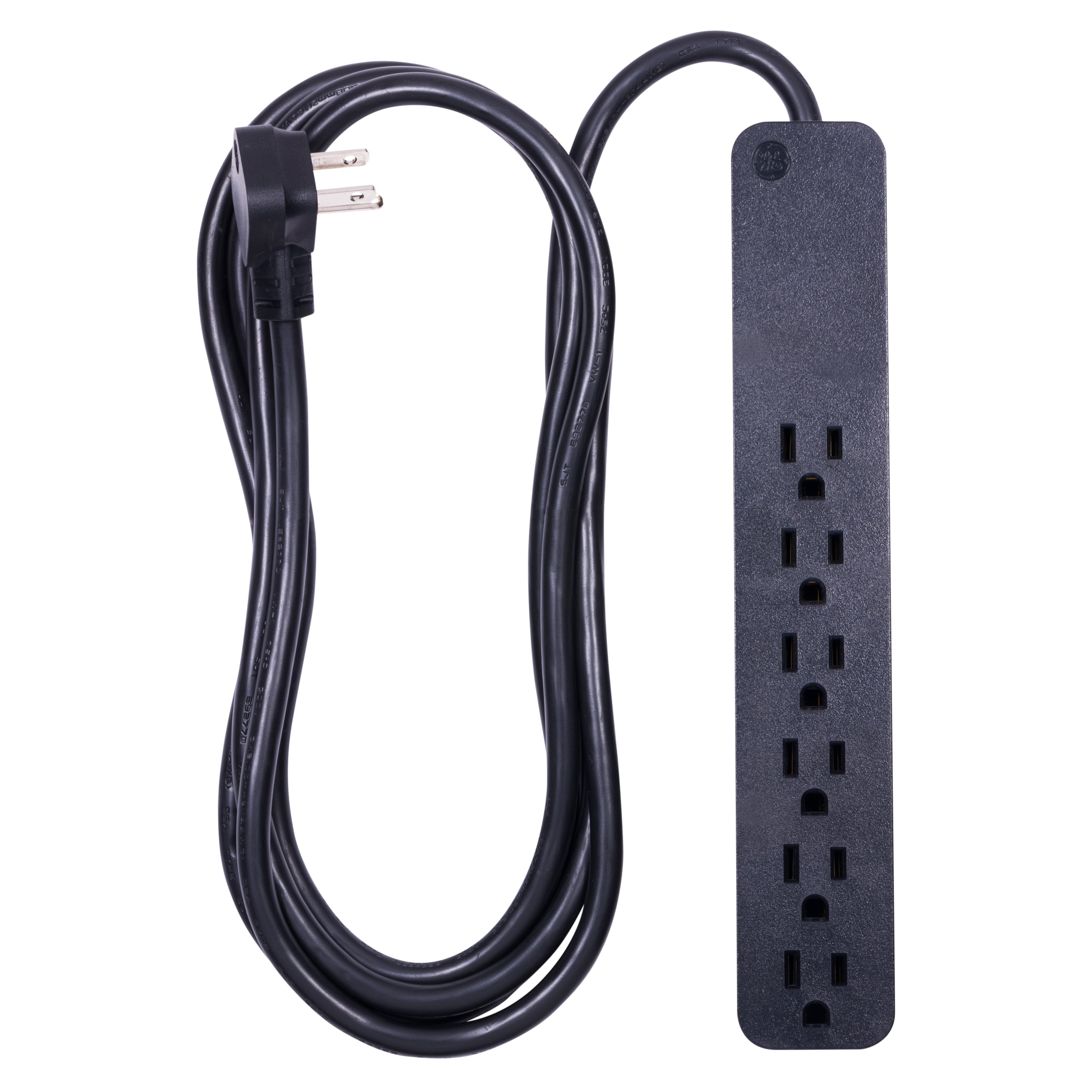 GE Surge Protector Power Strip, 8 Ft Long Extension Cord, 6 Outlet Extender, 1560 Joules, Flat Plug, Wall Mount, On Off Switch, UL Listed, Black