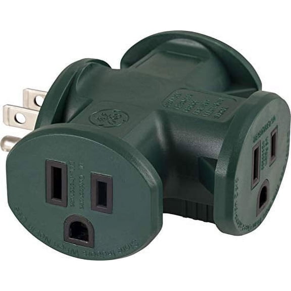 GE T-Shaped 3-Outlet Extender, 3-Prong Power Adapter, Grounded Wall Tap, Heavy Duty, for Inside or Outside, UL Listed, Green, 50873