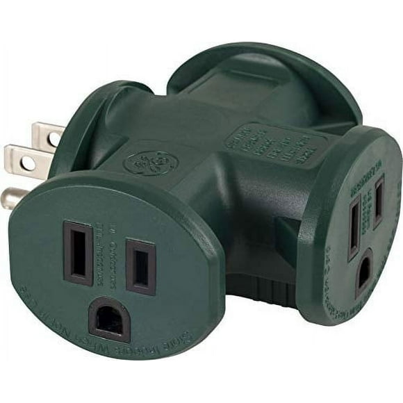GE T-Shaped 3-Outlet Extender, 3-Prong Power Adapter, Grounded Wall Tap, Heavy Duty, for Inside or Outside, UL Listed, Green, 50873