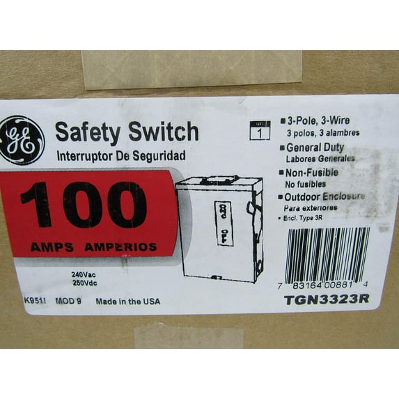GE TGN3323R 3 Wire 3 Pole Non-Fusible General-Duty Safety Switch 240 Volt AC 100 Amp NEMA 3R Spec-Setter?