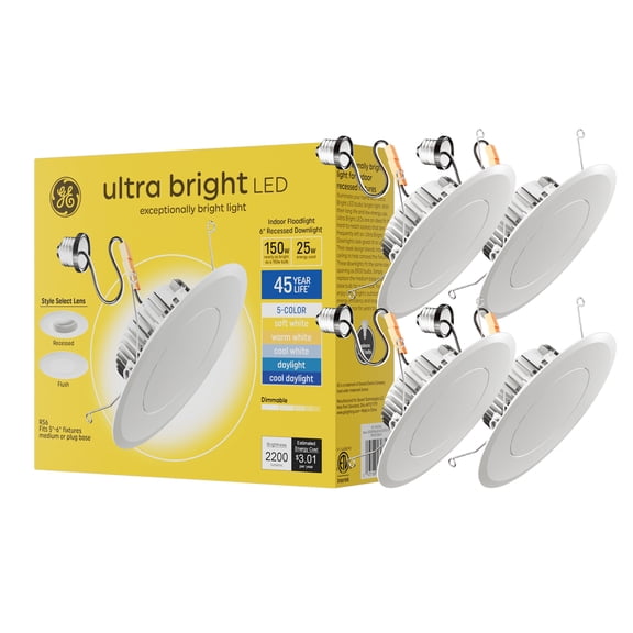 GE Ultra Bright LED 150 Watt Replacement, 5 Color Select, Recessed or Flush Downlight, 4 Pack