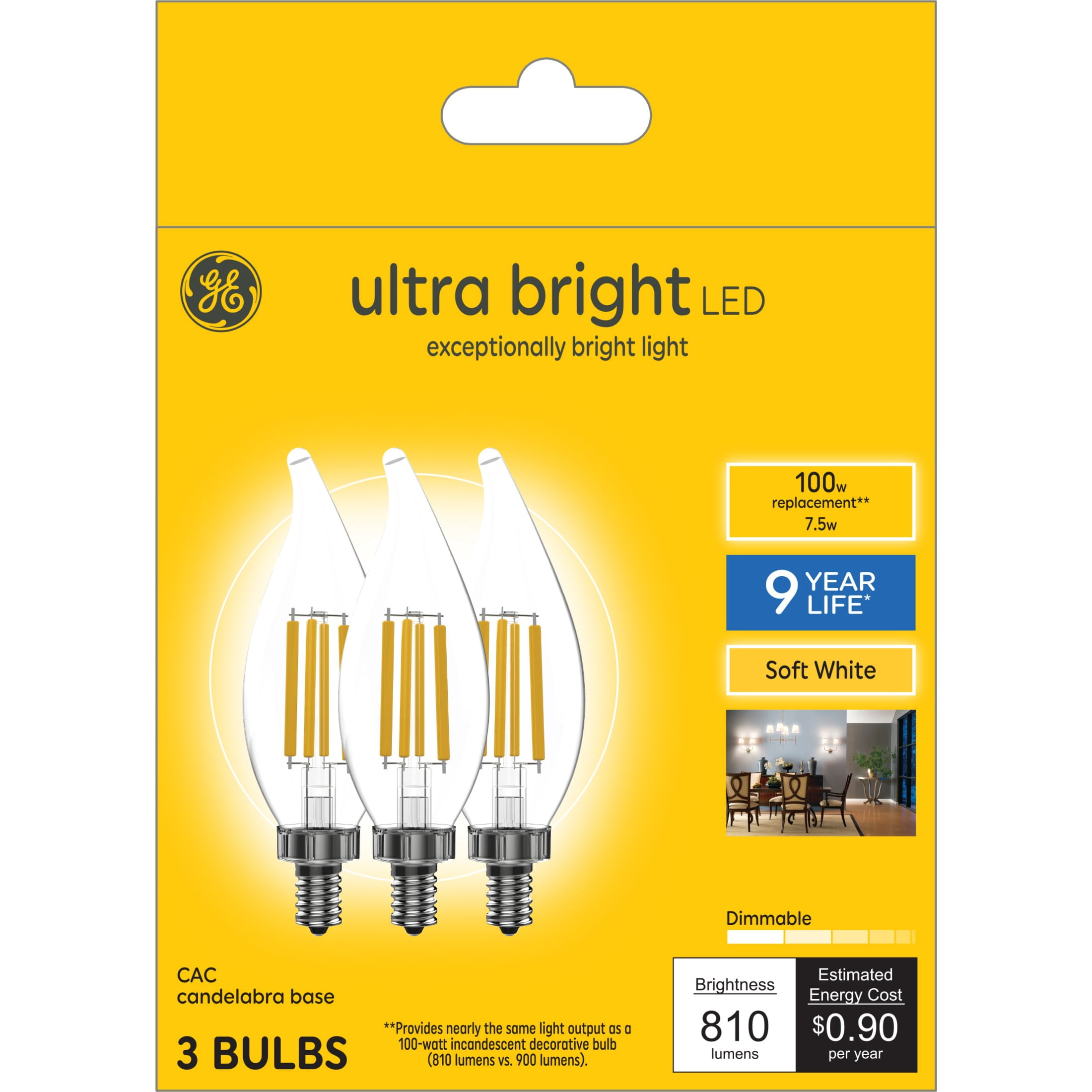 GE Ultra Bright LED 75 Watt Replacement, Soft White, CA11 Deco Candle